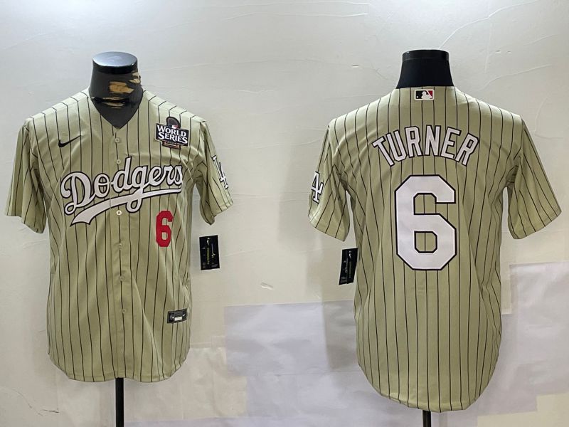 Men Los Angeles Dodgers 6 Turner Green Stripe Game 2024 Nike MLB Jersey style 2